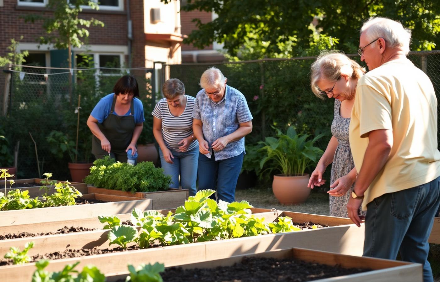 Neighbors tending raised beds in a community garden