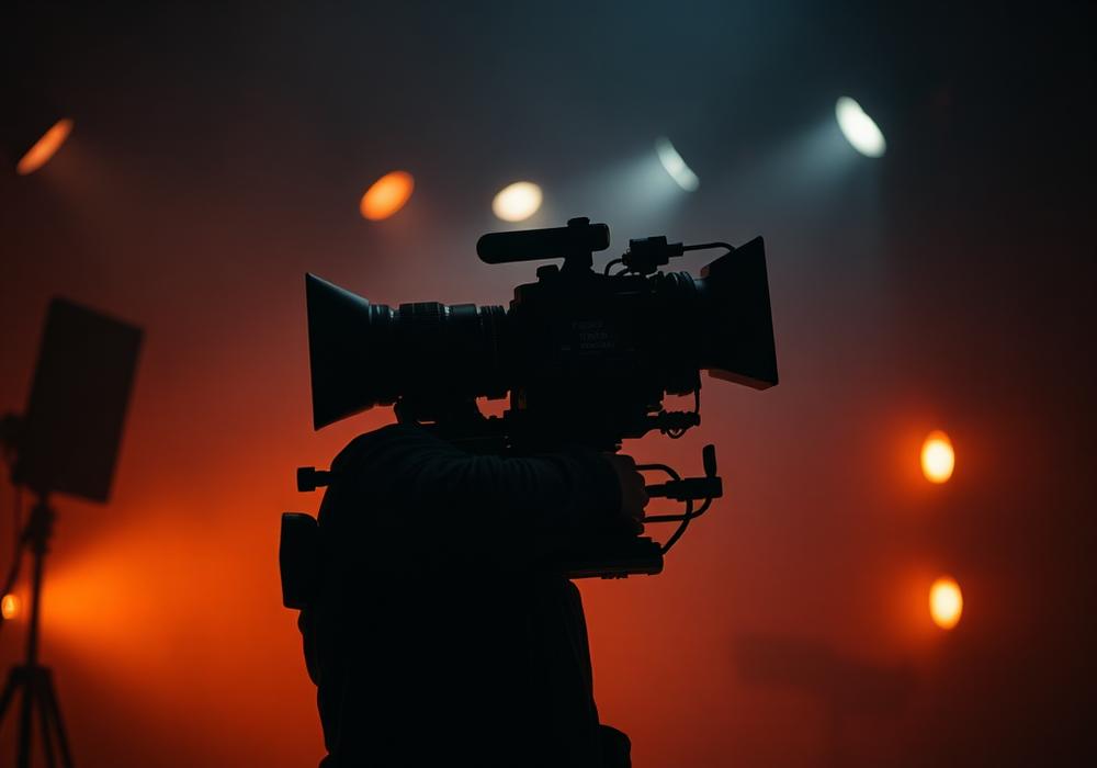 Camera operator filming in a hazy warm-lit studio