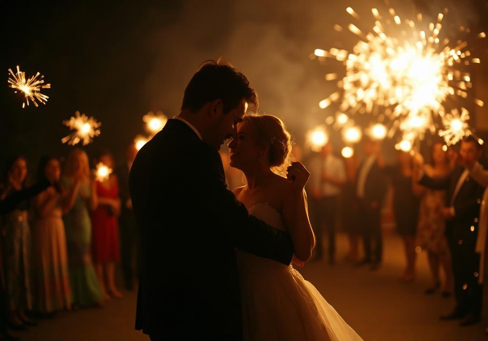 Couple dancing surrounded by sparklers at night
